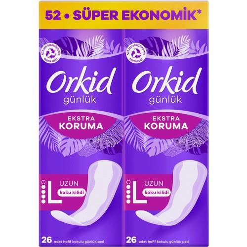 Orkid Uzun Günlük Ped - 52 Adet, Ekstra Koruma, 2'si 1 Arada, Nefes Alabilen Üst Katman, Gün Boyu Konfor, Koku Nötralizasyonu ve Sızıntı Önleyici Teknoloji ile
