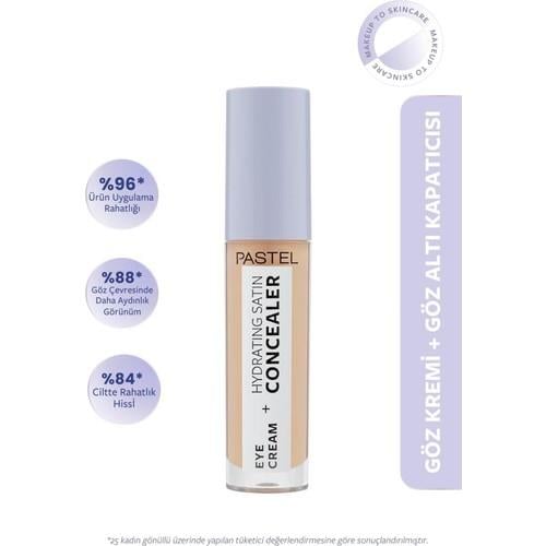 Pastel Eye Cream + Hydrating Satin Concealer 63 – Jel Formüllü, Yüksek Kapatıcı ve 24 Saat Nemlendirici Aydınlatıcı, 4.3 ml