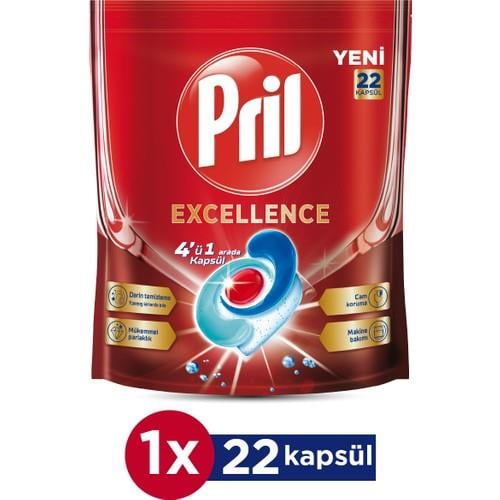 Pril Excellence 4’ü 1 Arada Konsantre Bulaşık Makinesi Deterjanı 22 Kapsül – Güçlü Yağ Çözme, Üstün Temizlik ve Parlaklık