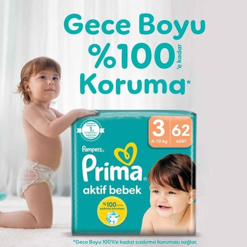 Prima Bebek Bezi Aktif Bebek 3 Beden 62 Adet Fırsat Paketi