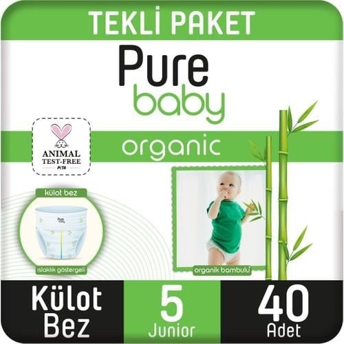 Pure Baby Organik Bambu Özlü Külot Bez Tekli Paket 5 Numara Junior 40 Adet