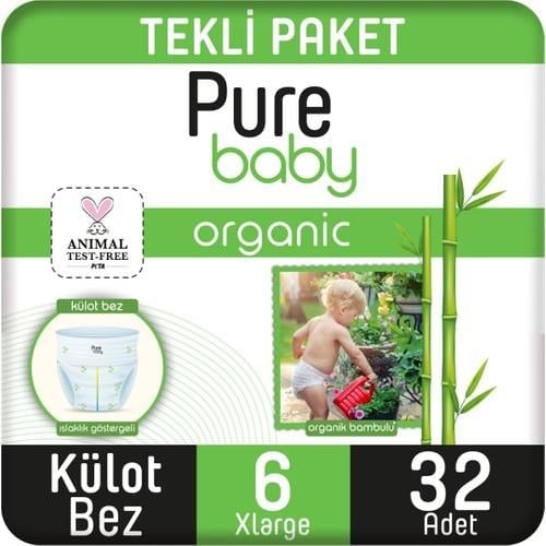 Pure Baby Organik Bambu Özlü Külot Bez Tekli Paket 6 Numara Xlarge 32 Adet