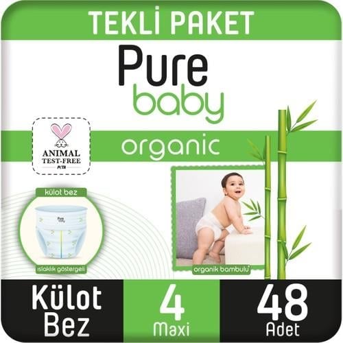 Pure Baby Organik Bambu Özlü Külot Bez Tekli Paket 4 Numara Maxi 48 Adet