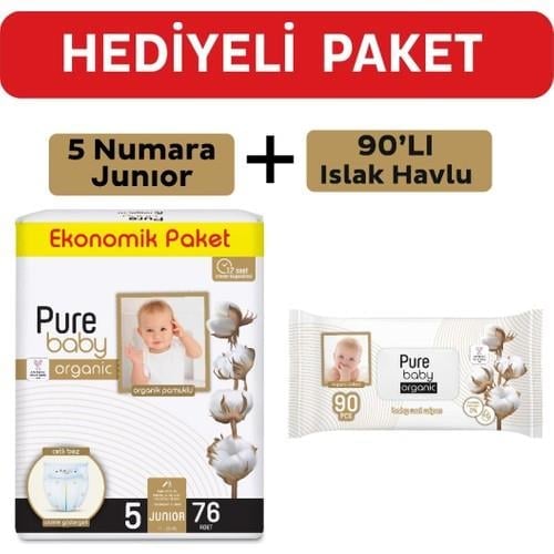 Pure Baby Organik Pamuklu Cırtlı Bez 5 Numara Junior 76 Adet + Organik Pamuklu Islak Havlu 90 Yaprak