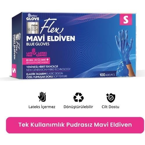 Reflex Flex Eldiven Tek Kullanımlık Pudrasız Mavi S Beden Eldiven 100’lü