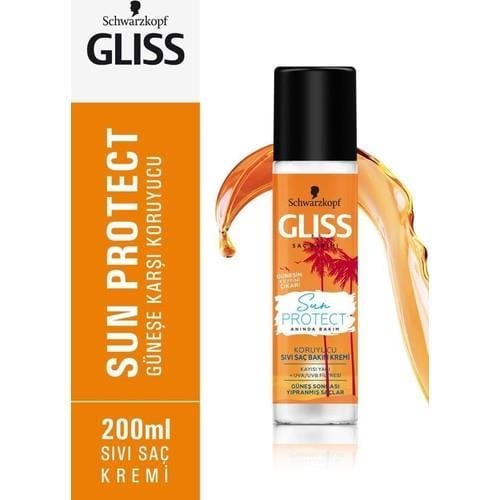 Schwarzkopf Gliss Sun Protect Durulanmayan Sıvı Saç Kremi 200 ml – UVA/UVB Koruması ve Güneş Sonrası Onarım, Her Saç Tipi İçin