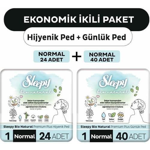 Sleepy Ekonomik Ikili Paket (Bio Natural Premium Plus Hijyenik Ped Normal 24'lü + Günlük Ped Normal 40'lı)
