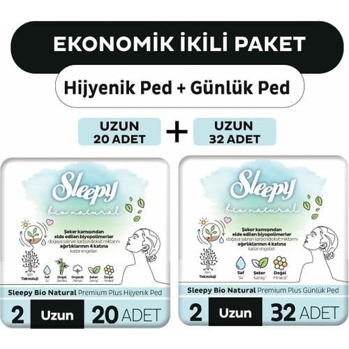 Sleepy Ekonomik Ikili Paket (Bio Natural Premium Plus Hijyenik Ped Uzun 20'li + Günlük Ped Uzun 32'li)
