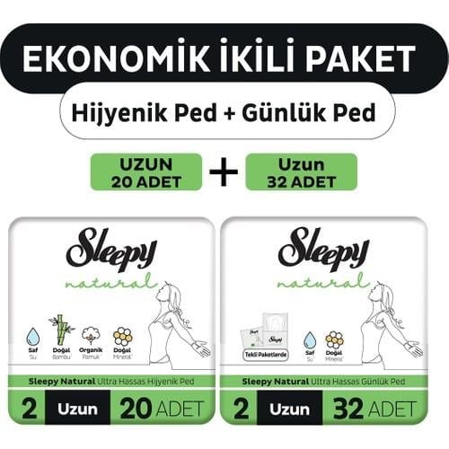 Sleepy Ekonomik Ikili Paket (Natural Ultra Hassas Hijyenik Ped Uzun 20'Li + Günlük Ped Normal 32'Li)