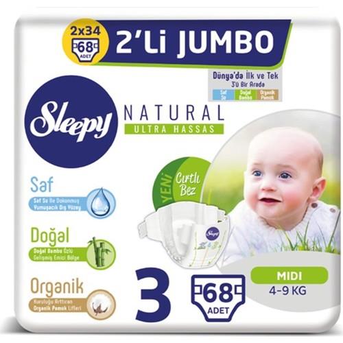 Sleepy Natural Bebek Bezi 3 Beden Midi 4-9 Kg 68li Jumbo Paket
