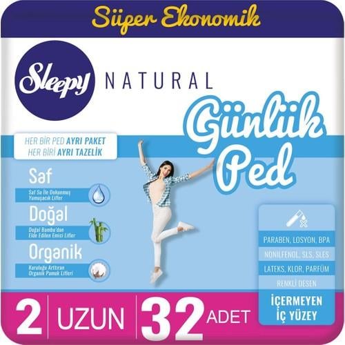Sleepy Natural Uzun Günlük Ped - 32 Adet, Saf Su Dokunuşu ile, Doğal Bambu ve Organik Pamuk Liflerinden Üretilmiştir, Süper Ekonomik Paket