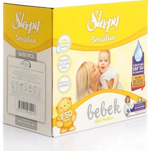 Sleepy Sensivite Kutulu Islak Havlu 3x50 Adet Bebekler için Dermatolojik Olarak Test Edilmiş Hassas Ciltler için