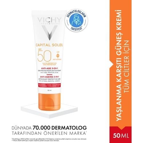 Vichy Capital Soleil Yüz Güneş Kremi SPF 50+ 50 ml Tüm Cilt Tiplerine Uygun Yaşlanma Karşıtı