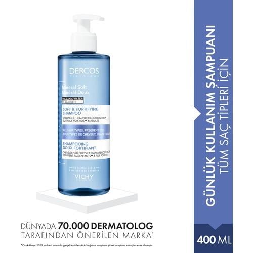 Vichy Dercos Mineral Soft Şampuan 400 ml Tüm Saç Tipleri için Doğal Yumuşaklık ve Gevşeklik