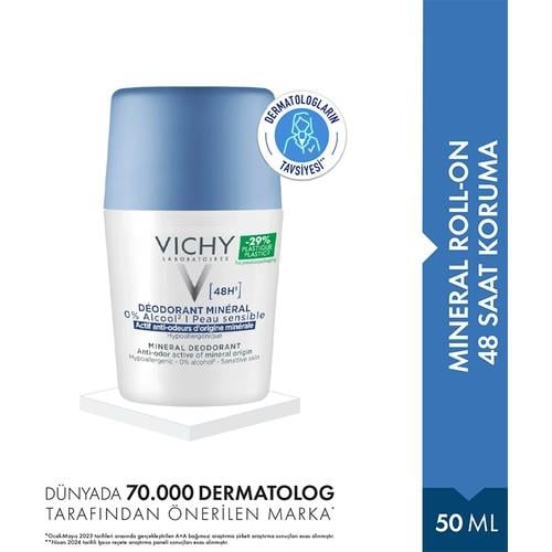 Vichy Mineral Unisex Roll-on Deodorant 50 ml – Pudrasız, Alkol İçermeyen, Hipoalerjenik, 48 Saat Koruma