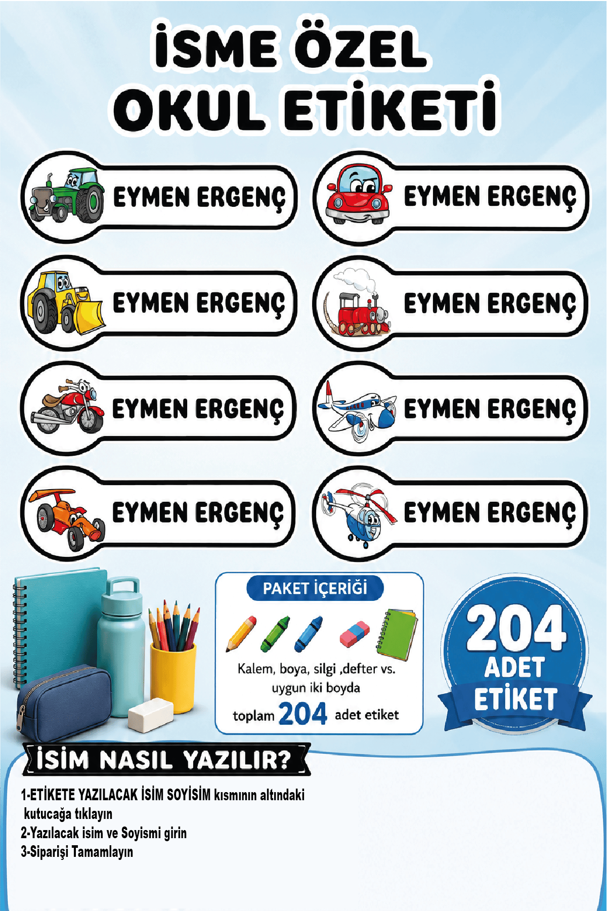 İsme Özel Araçlar Temalı Okul Etiketi | Araba, Uçak, Helikopter ve Kepçe | Su Geçirmez 204 Adet