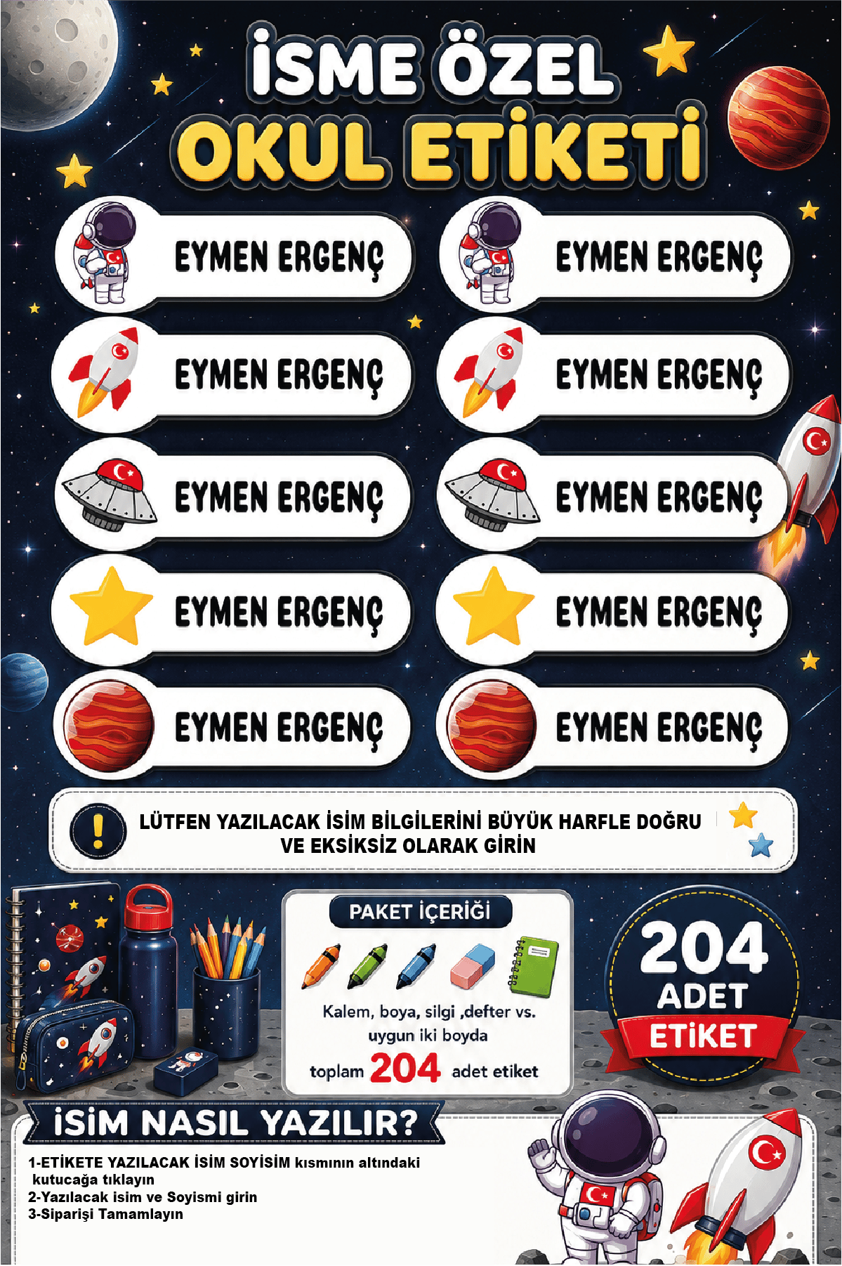 İsme Özel Astronot Temalı Okul Etiketi | Su Geçirmez İsim Stickerı | 204 Adet