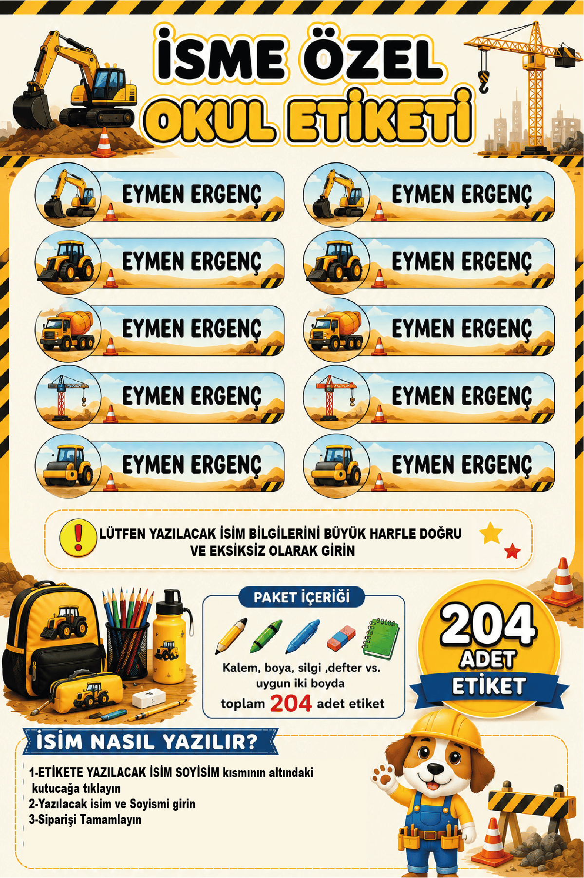 İsme Özel İş Makineleri Temalı Okul Etiketi | Kamyon ve Kepçe | Su Geçirmez 204 Adet