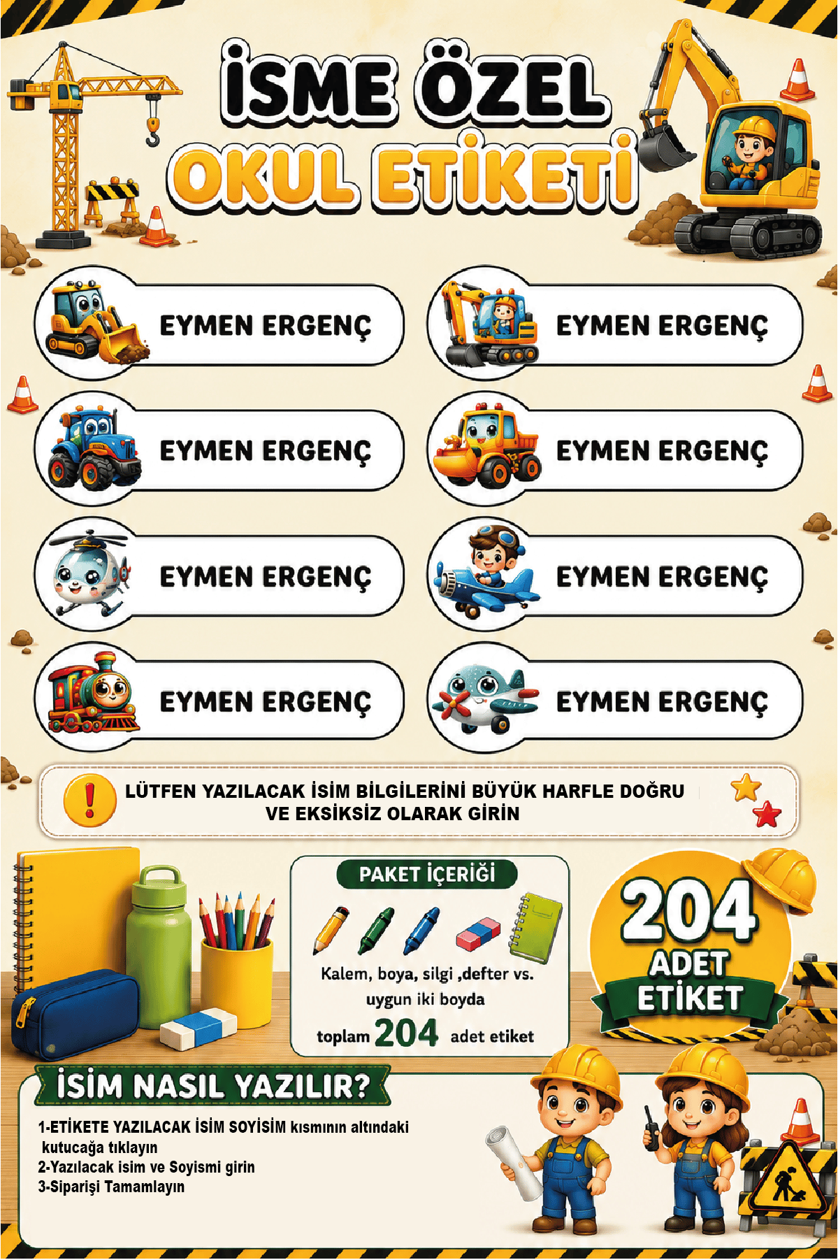 İsme Özel İş Makineleri ve Ulaşım Araçları Temalı Okul Etiketi | Su Geçirmez 204 Adet