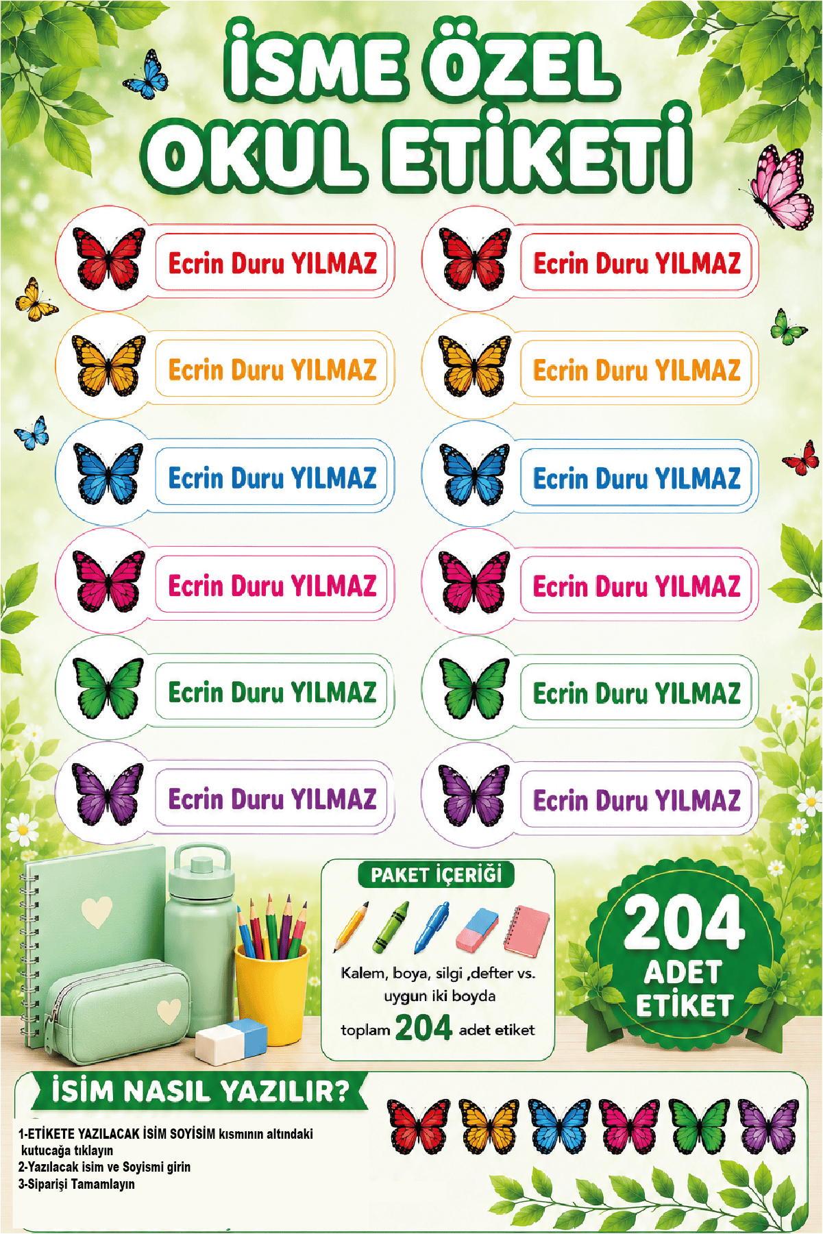 İsme Özel Kelebek Temalı Okul Etiketi | Su Geçirmez İsim Stickerı | 204 Adet