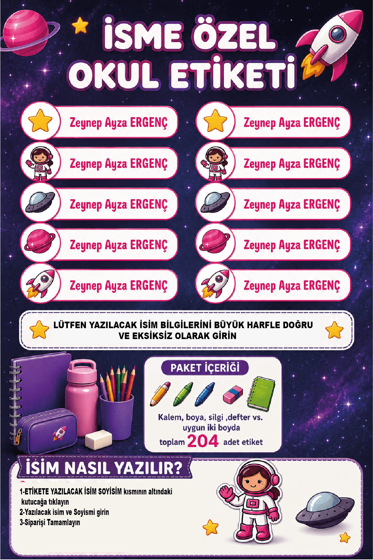 İsme Özel Kız Çocuk Uzay Temalı Okul Etiketi | Su Geçirmez İsim Stickerı | 204 Adet
