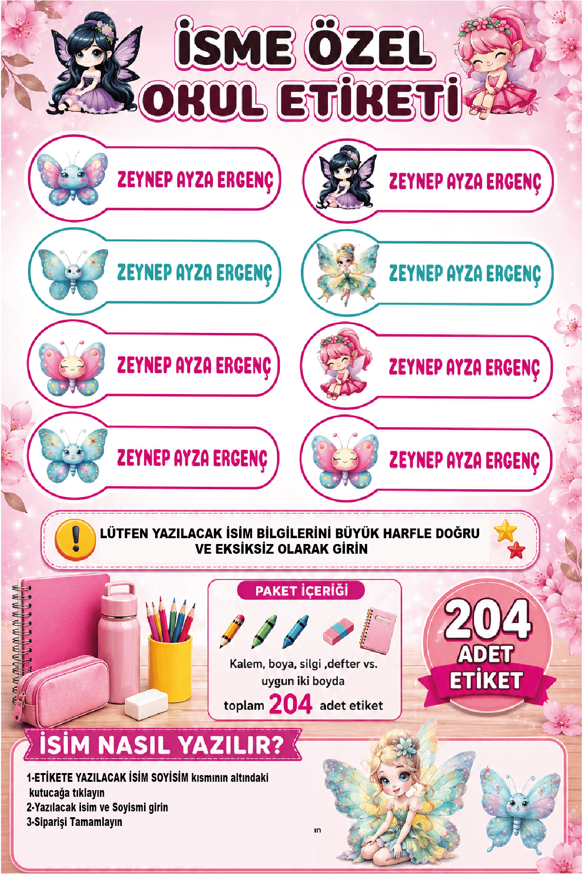İsme Özel Peri ve Kelebek Temalı Okul Etiketi | Su Geçirmez İsim Stickerı | 204 Adet