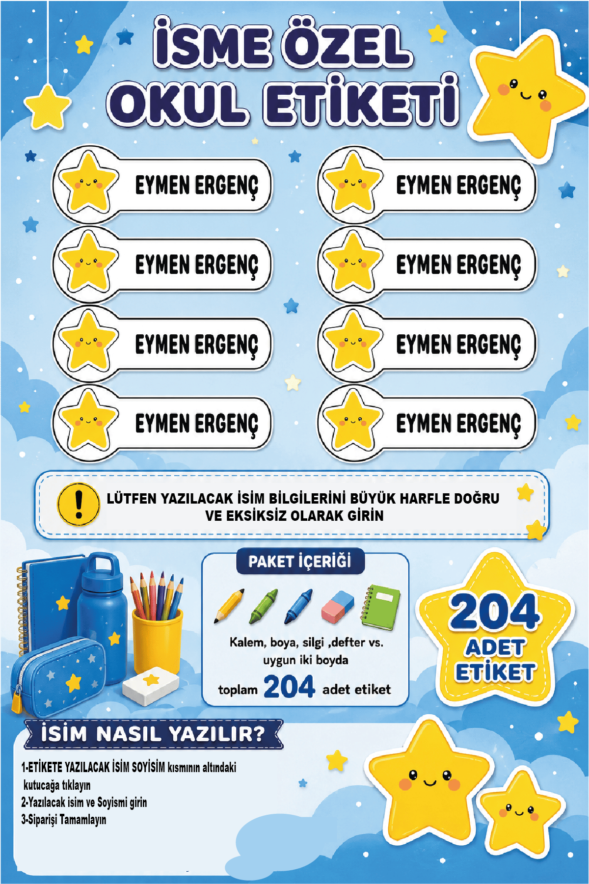 İsme Özel Renkli Yıldız Temalı Okul Etiketi | Su Geçirmez İsim Stickerı | 204 Adet