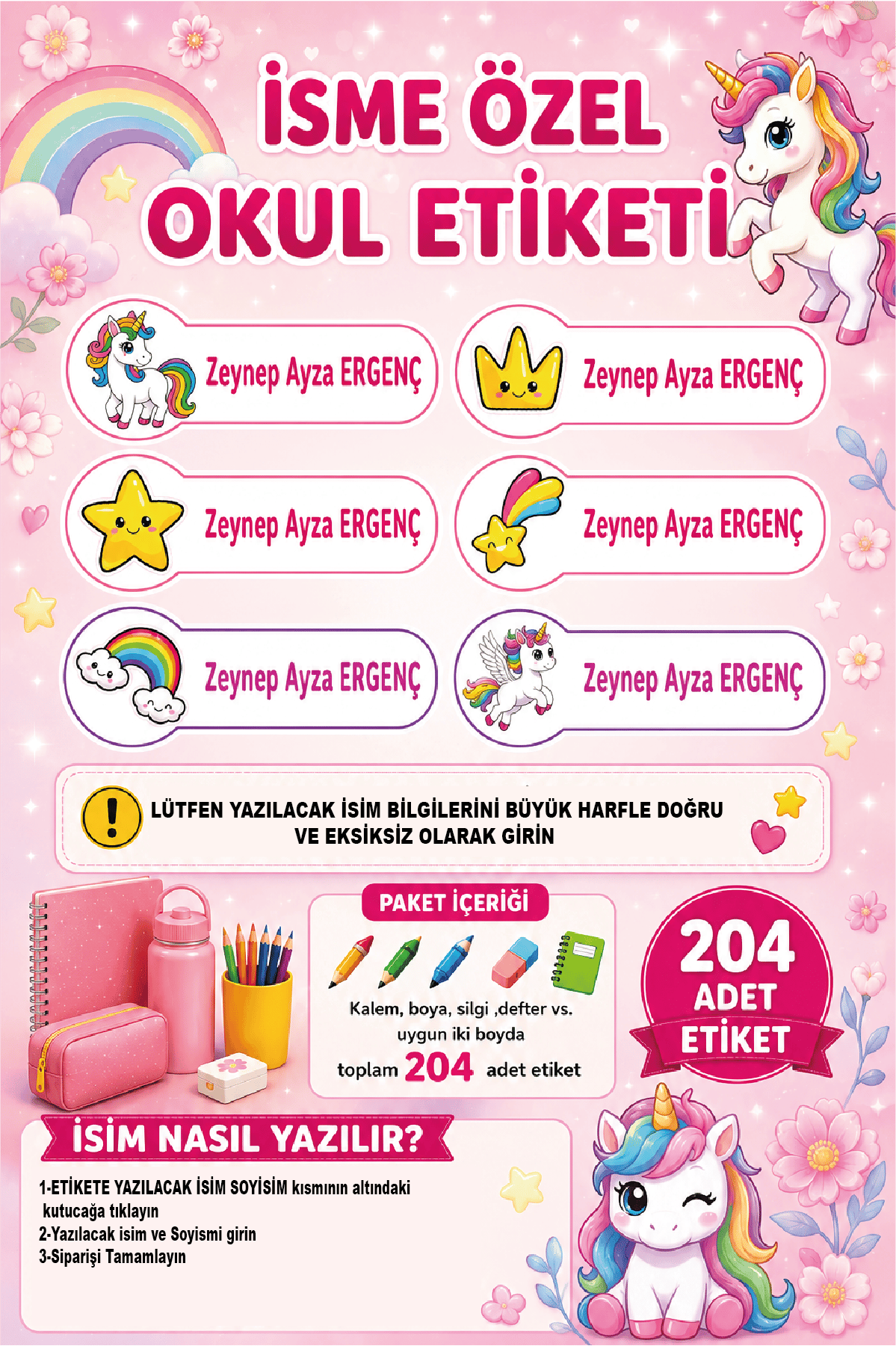 İsme Özel Unicorn ve Gökkuşağı Temalı Okul Etiketi | Yıldız Desenli | Su Geçirmez 204 Adet