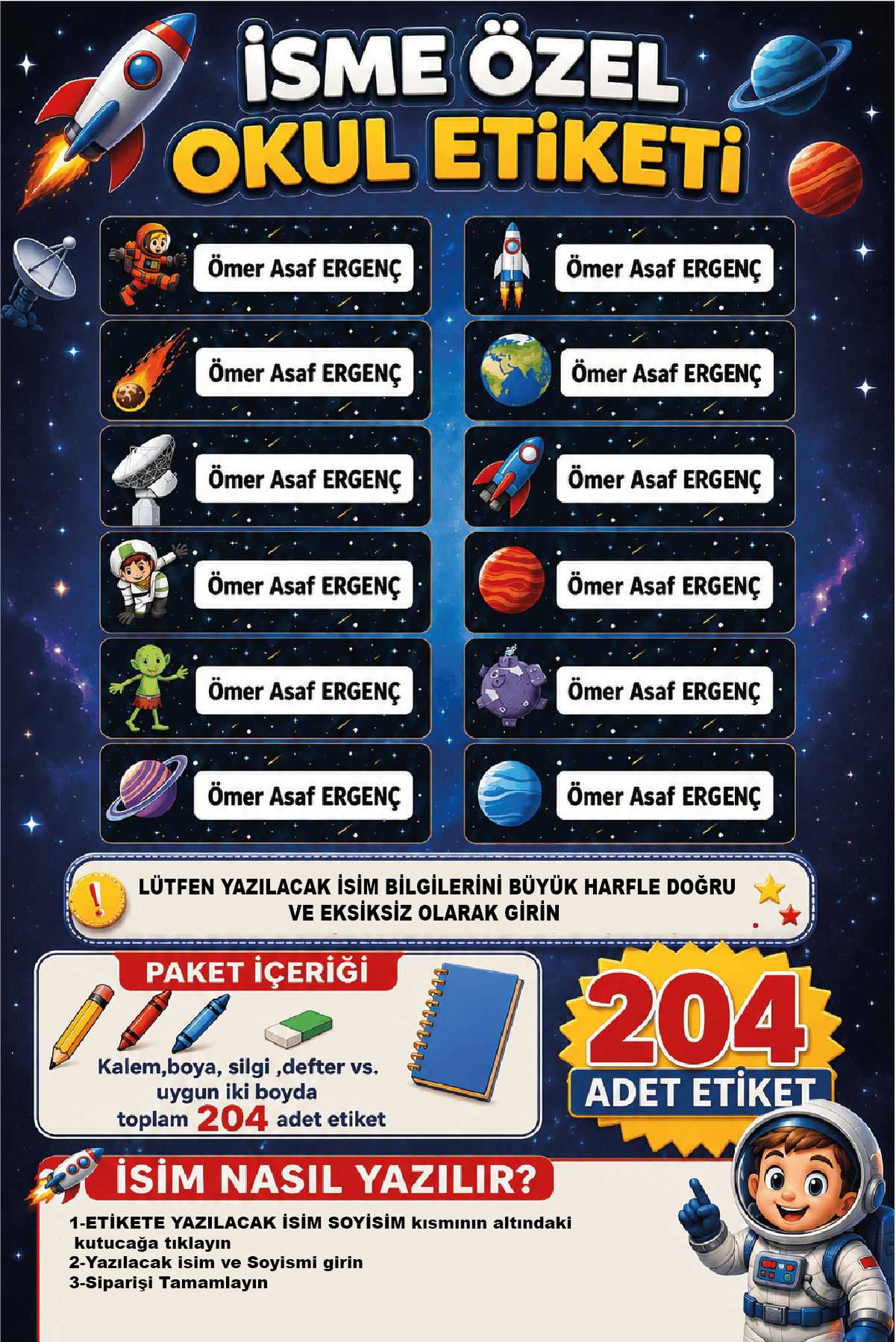 İsme Özel Uzay Temalı Okul Etiketi | Su Geçirmez İsim Stickerı | 204 Adet