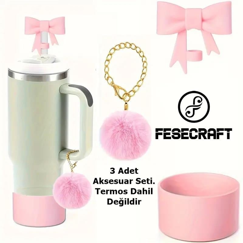 Stanley Quencher 30 - 40 Oz 3'lü Pembe Aksesuar Fiyonk Tıpa Charm Peluş Taban Koruyucu Silikon Set