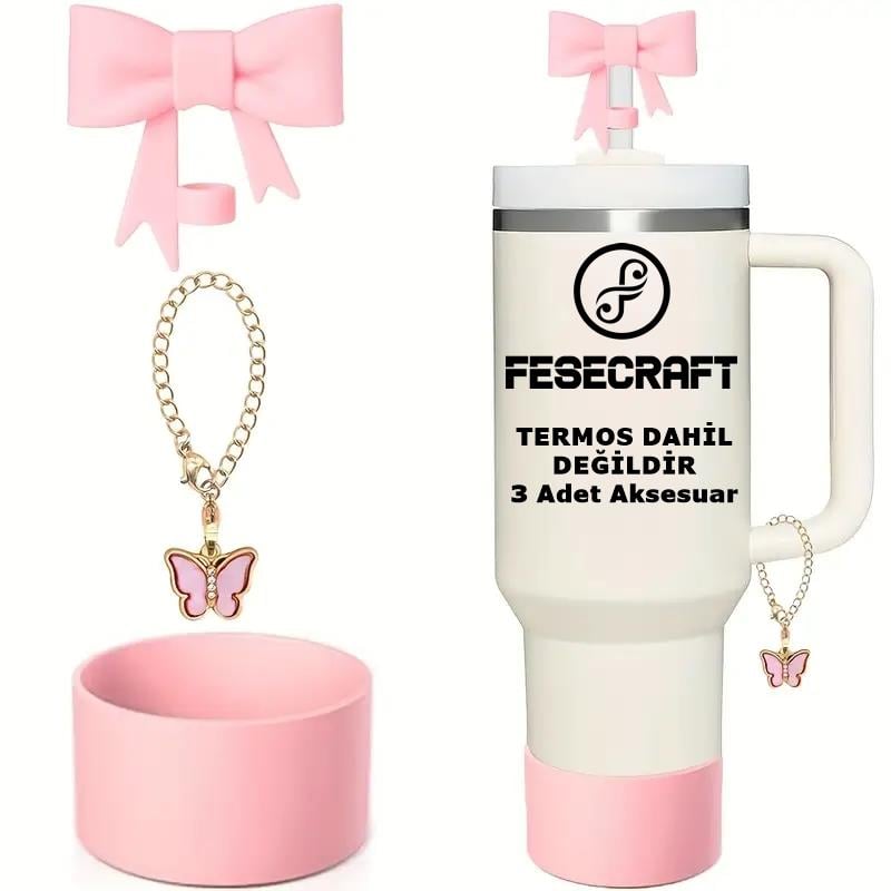 Stanley Quencher 30-40 Oz 3'lü Pembe Aksesuar Seti Fiyonk Tıpa Kelebek Charm Taban Koruyucu Silikon