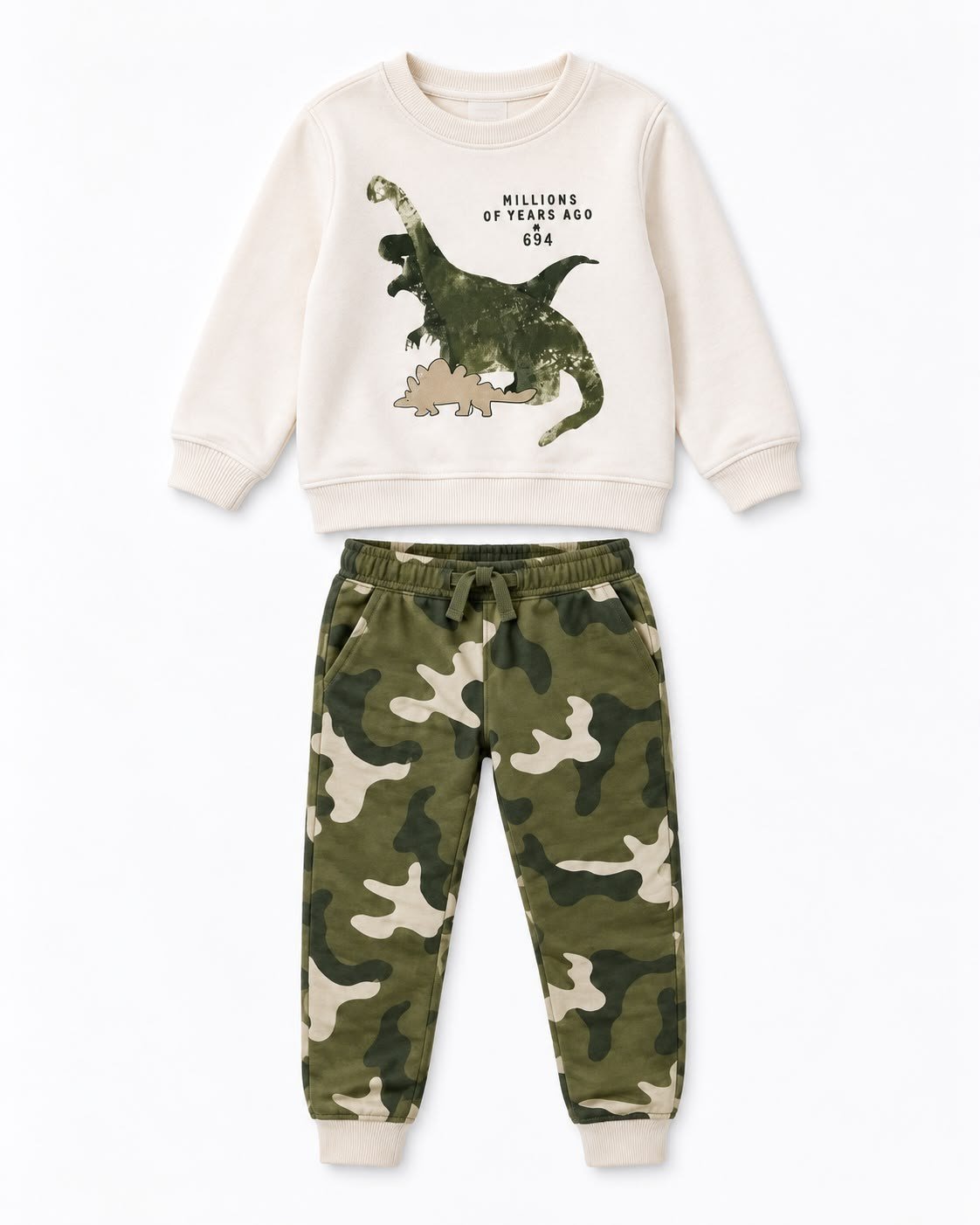 Erkek Bebek Dinozor Baskılı Sweatshirt Kamuflaj Pantolon 2’li Alt Üst Takım 6 Ay-4 Yaş