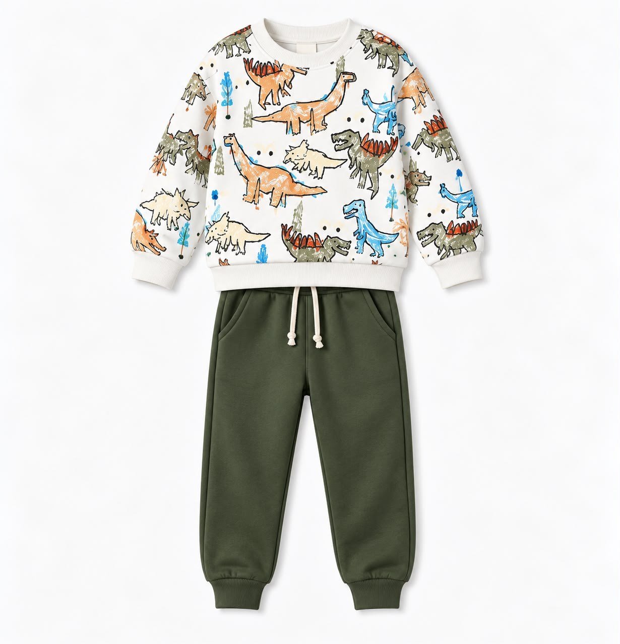 Erkek Bebek Dinozor Desenli Sweatshirt ve Haki Pantolon 2’li Alt Üst Takım