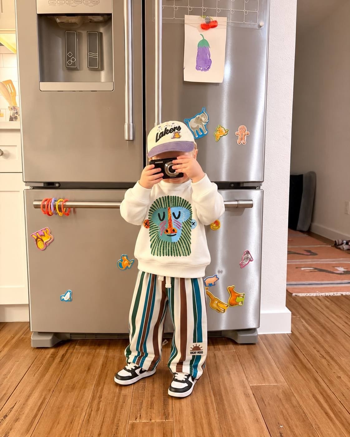 Erkek Çocuk Aslan Baskılı Sweatshirt ve Çizgili Pantolon Takımı 3 İplik Şardonsuz
