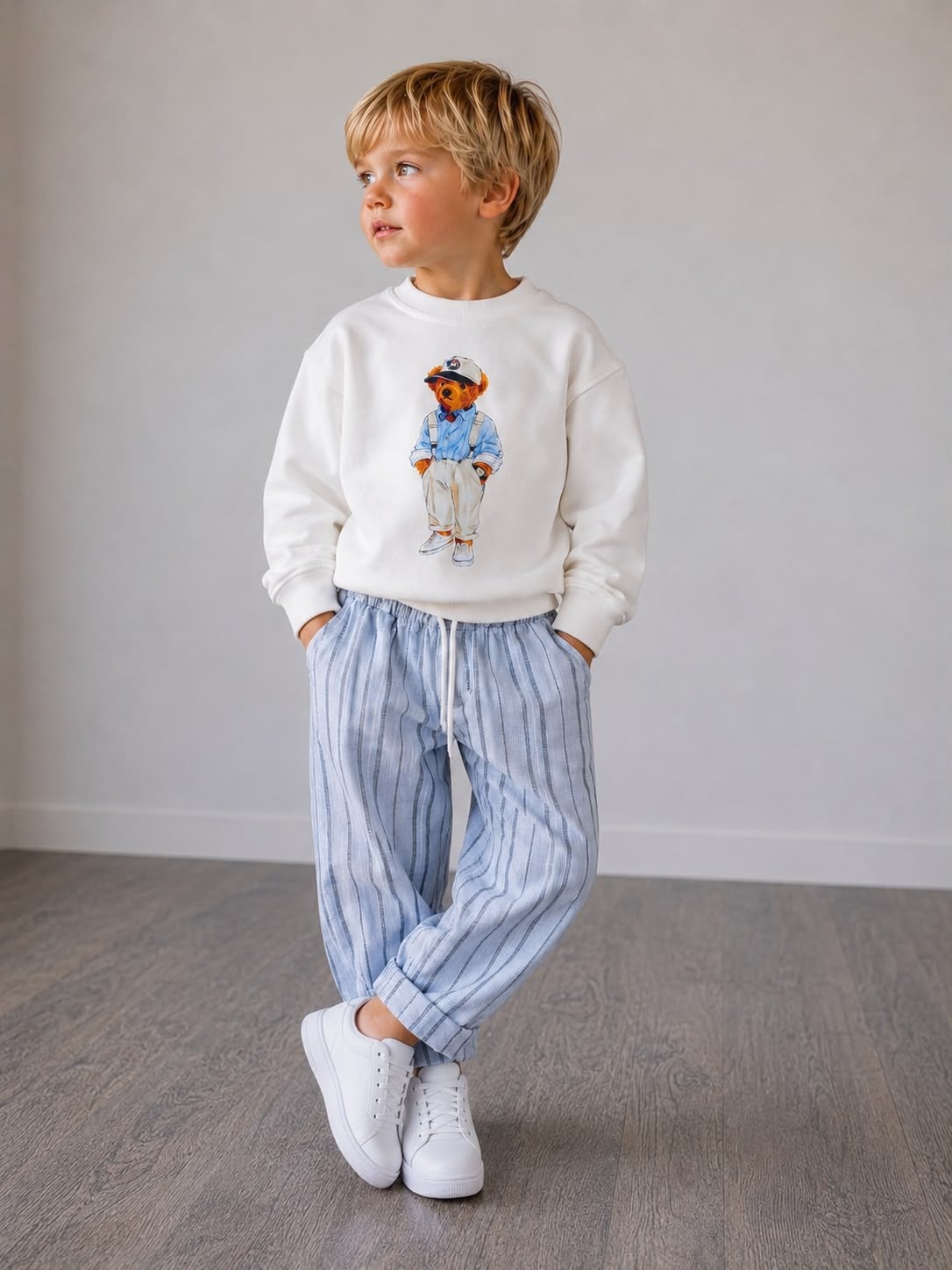 Erkek Çocuk Ayıcık Baskılı Sweatshirt Keten Pantolon Alt Üst Takım