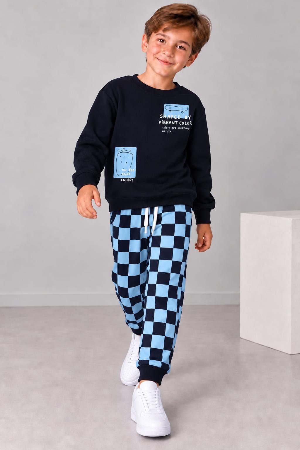 Erkek Çocuk Baskılı Sweatshirt Damalı Jogger Pantolon Alt Üst Takım