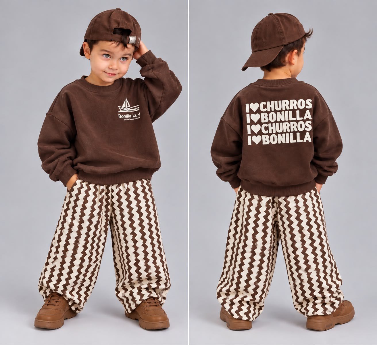 Erkek Çocuk Baskılı Sweatshirt ve Zigzag Desenli Bol Paça Pantolonlu Alt Üst Takım