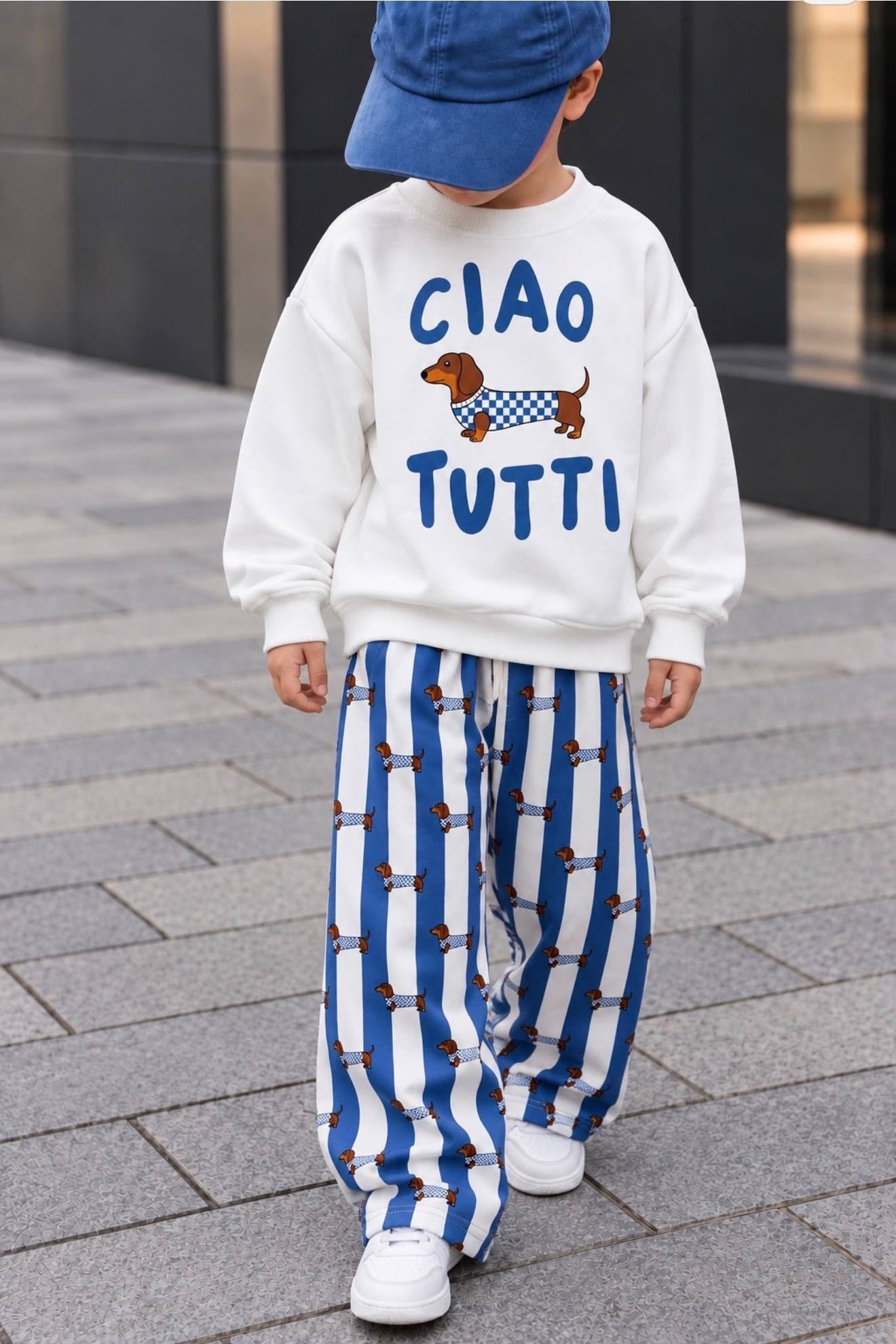 Erkek Çocuk Ciao Tutti Köpek Baskılı Sweatshirt Çizgili Bol Paça Pantolon Takım