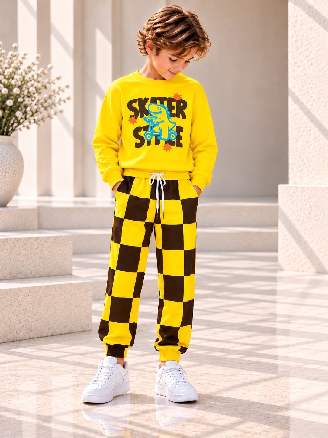 Erkek Çocuk Dinozor Baskılı Sarı Sweatshirt ve Dama Desenli Alt Üst Takım