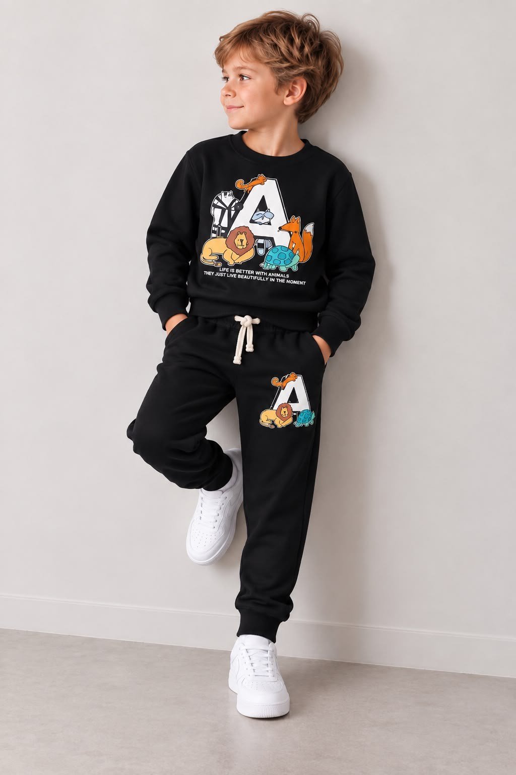 Erkek Çocuk Hayvan Figürlü A Baskılı Sweatshirt Jogger Pantolon 2’li Alt Üst Takım