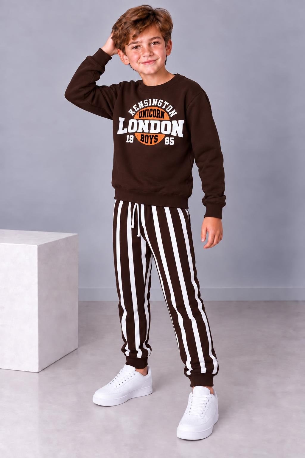 Erkek Çocuk London Baskılı Sweatshirt Çizgili Jogger Pantolon Alt Üst Takım