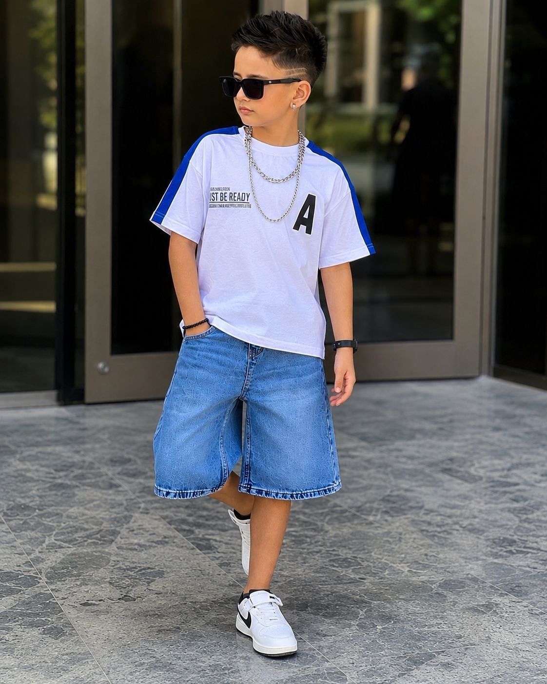Erkek Çocuk Oversize Şortlu Takım Beyaz Tişört Jean Şort Kombin