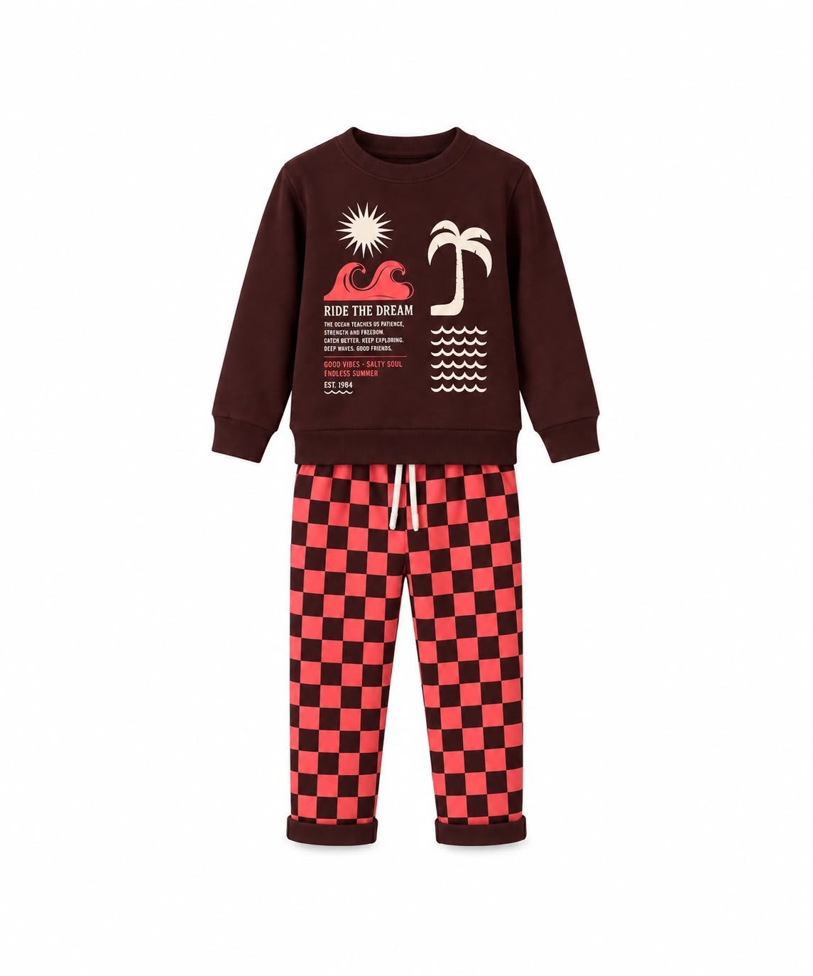 Erkek Çocuk Palmiye Baskılı Sweatshirt Ekose Pantolonlu 2’li Alt Üst Takım