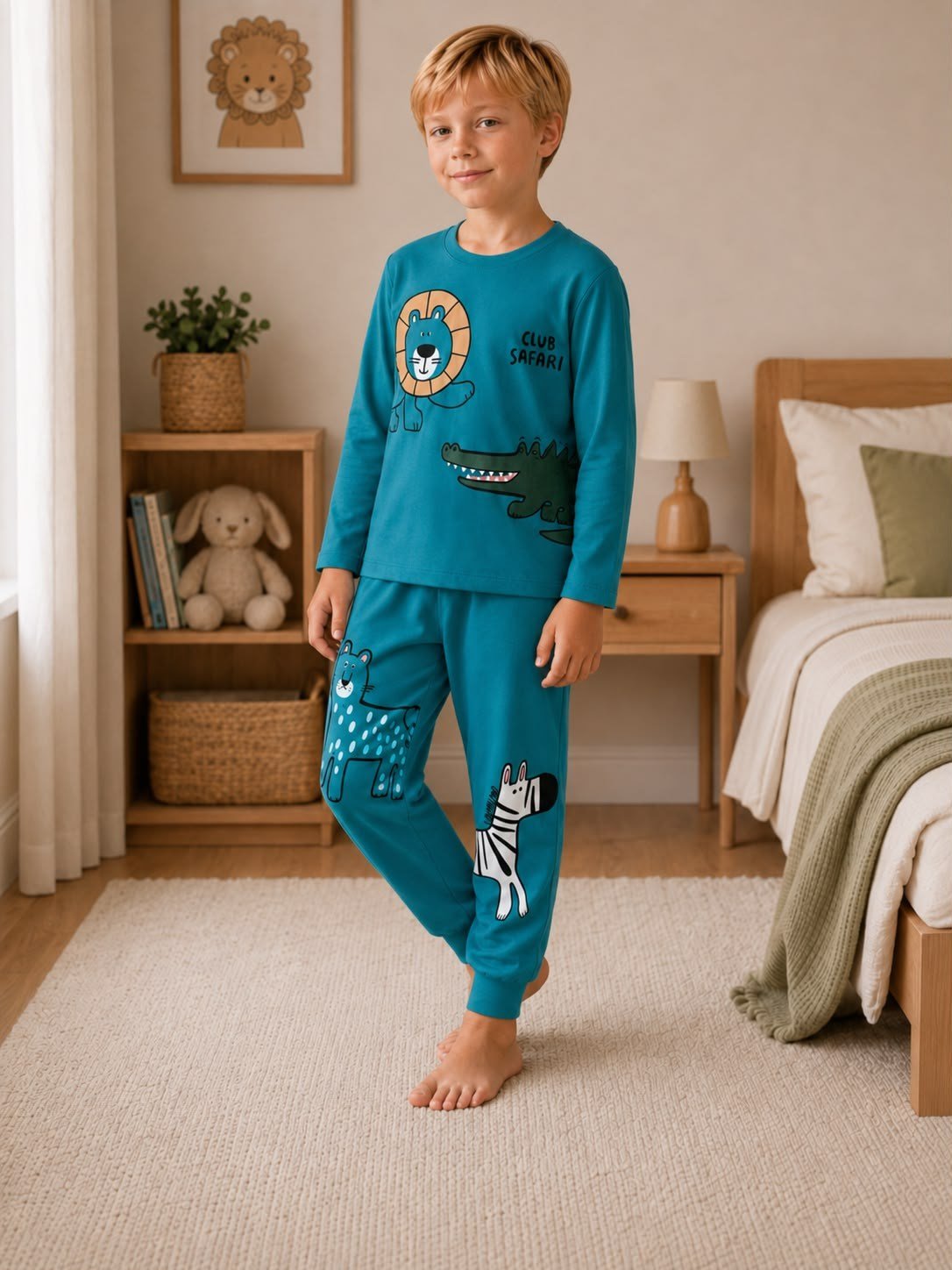Erkek Çocuk Safari Hayvan Baskılı Uzun Kollu Pijama Takımı