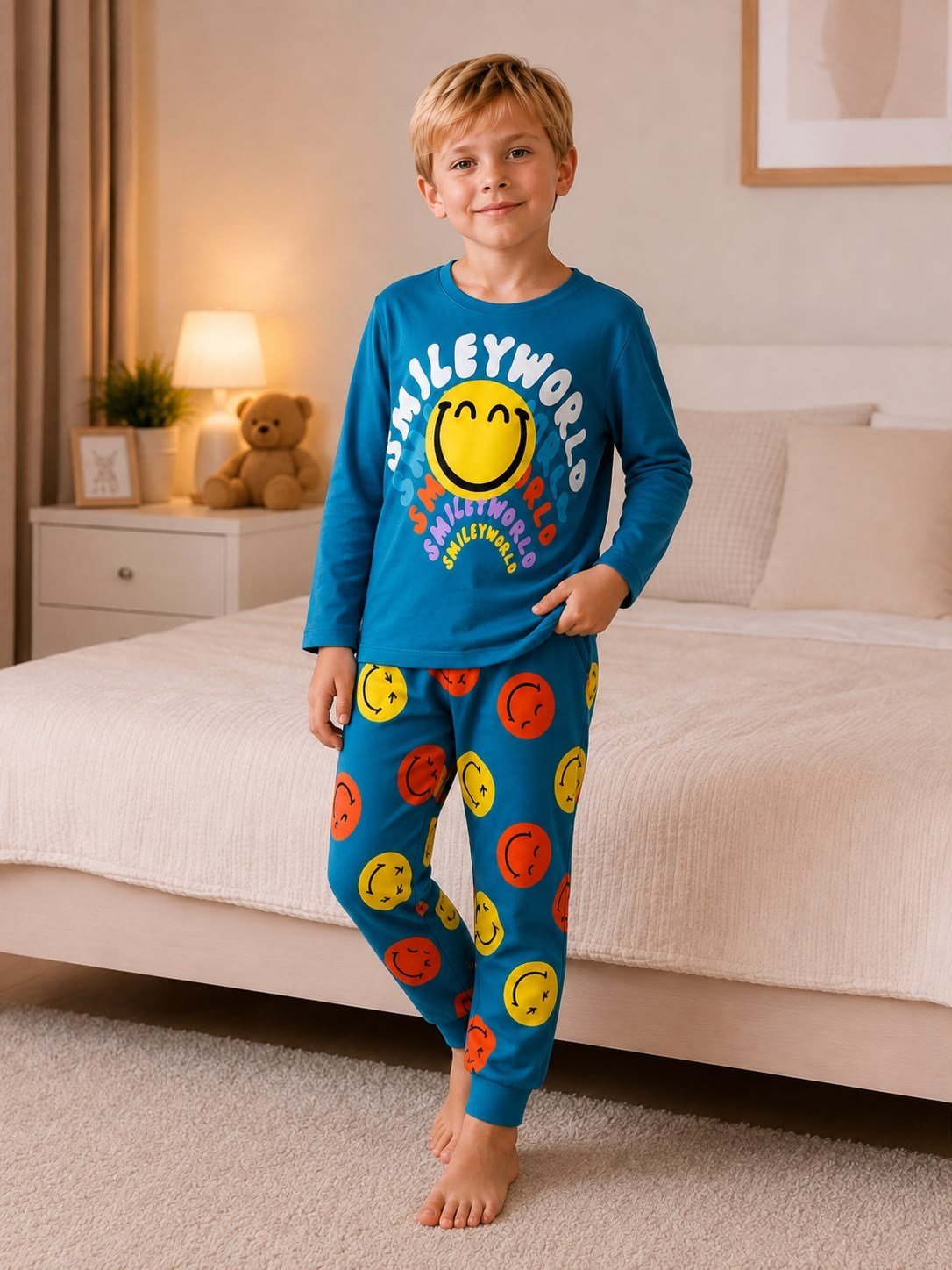 Erkek Çocuk Smile Baskılı Uzun Kollu Pijama Takımı
