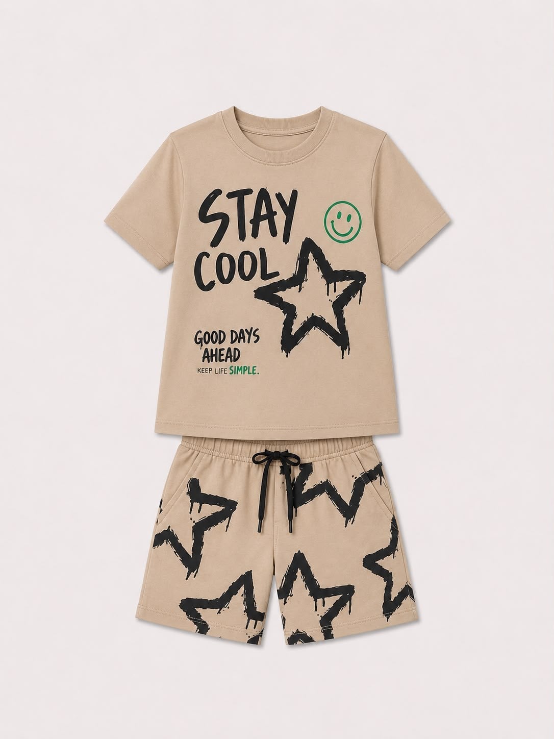 Erkek Çocuk Stay Cool Baskılı Şortlu Takım Bej