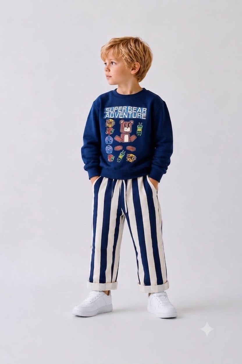 Erkek Çocuk Super Bear Adventure Baskılı Sweatshirt Çizgili Pantolon Takım