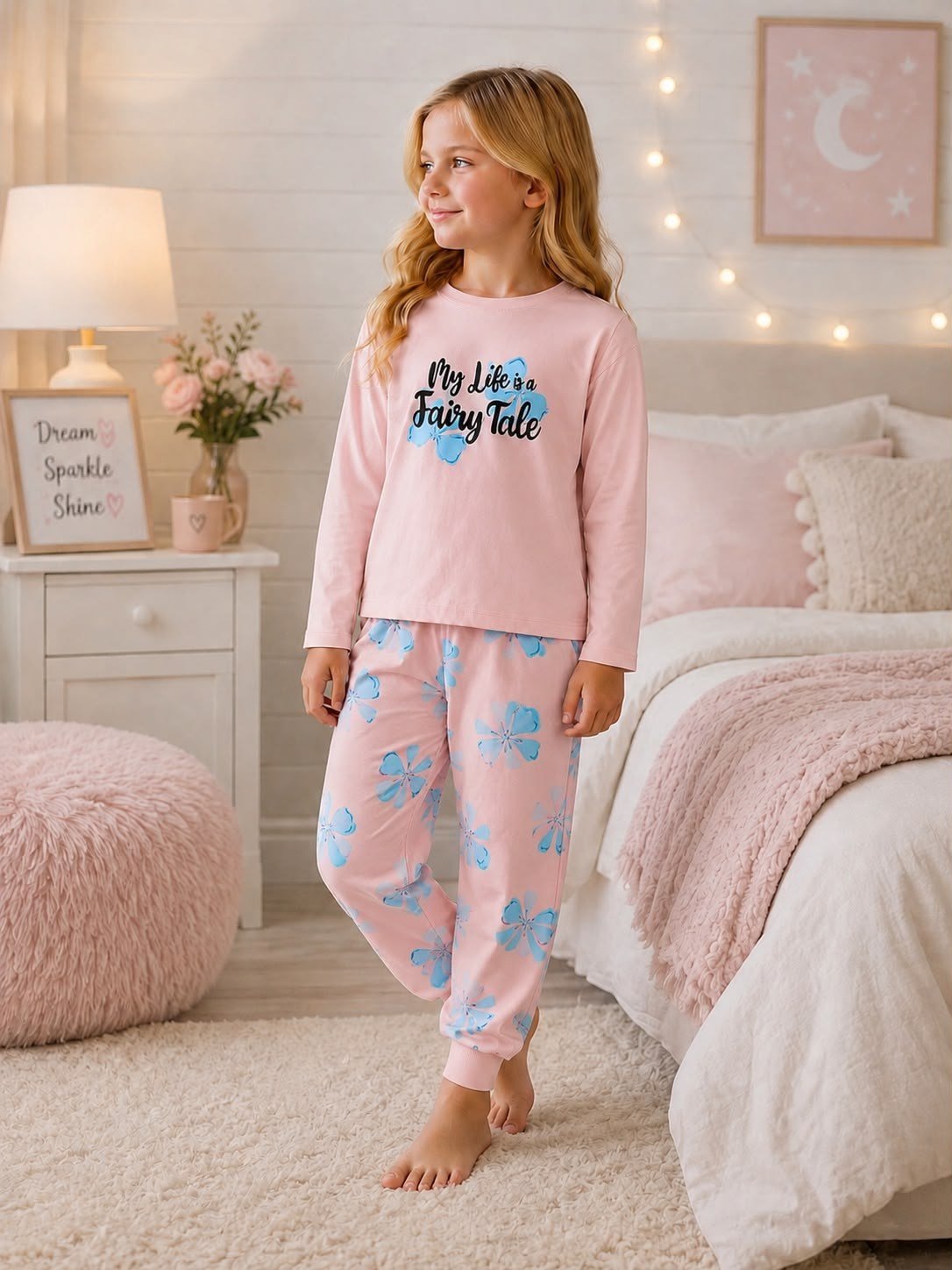 Kız Çocuk Çiçek Desenli Uzun Kollu Alt Üst Pijama Takımı