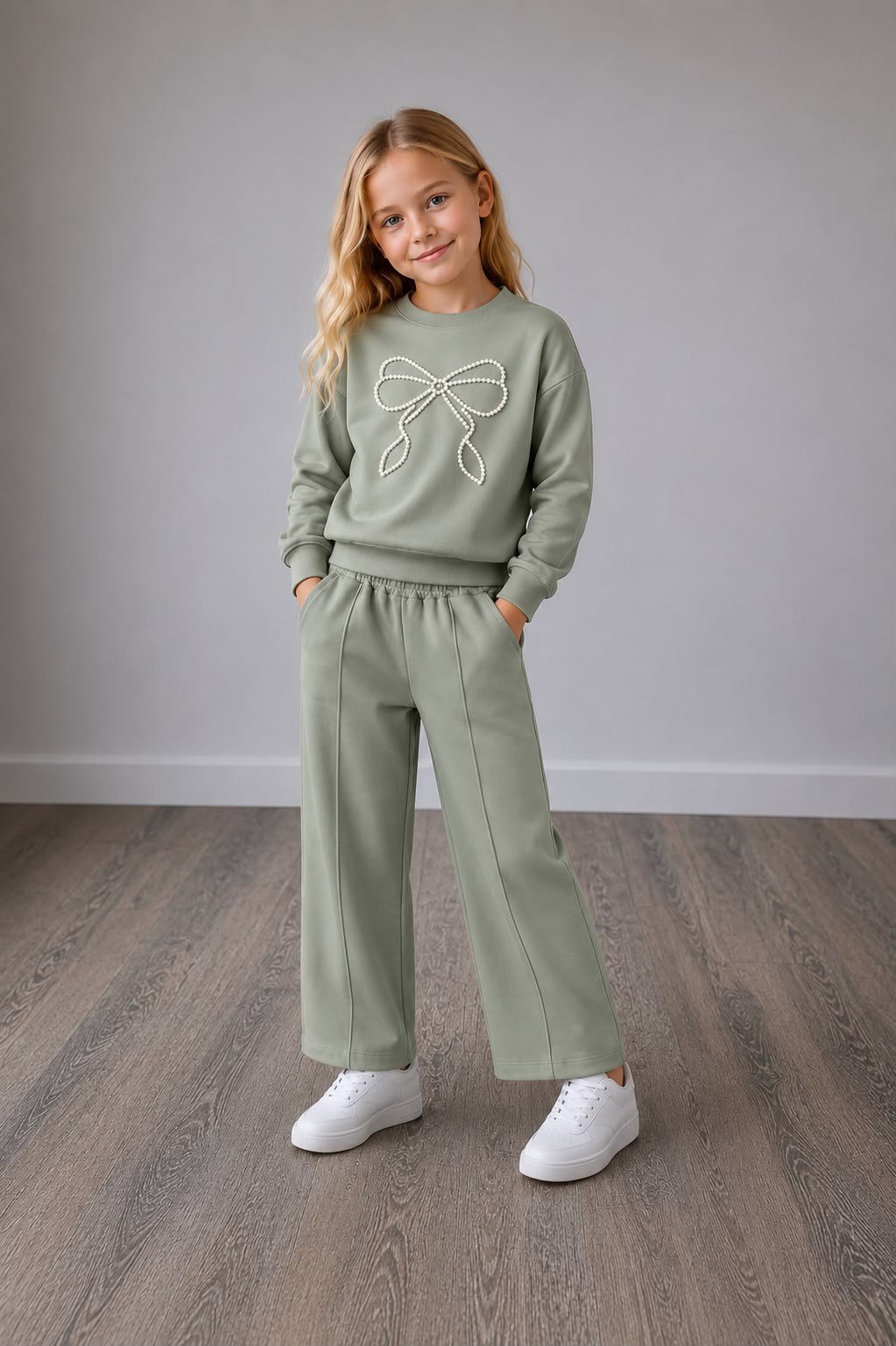 Kız Çocuk İnci Fiyonk Detaylı Sweatshirt Bol Paça Pantolon Alt Üst Takım
