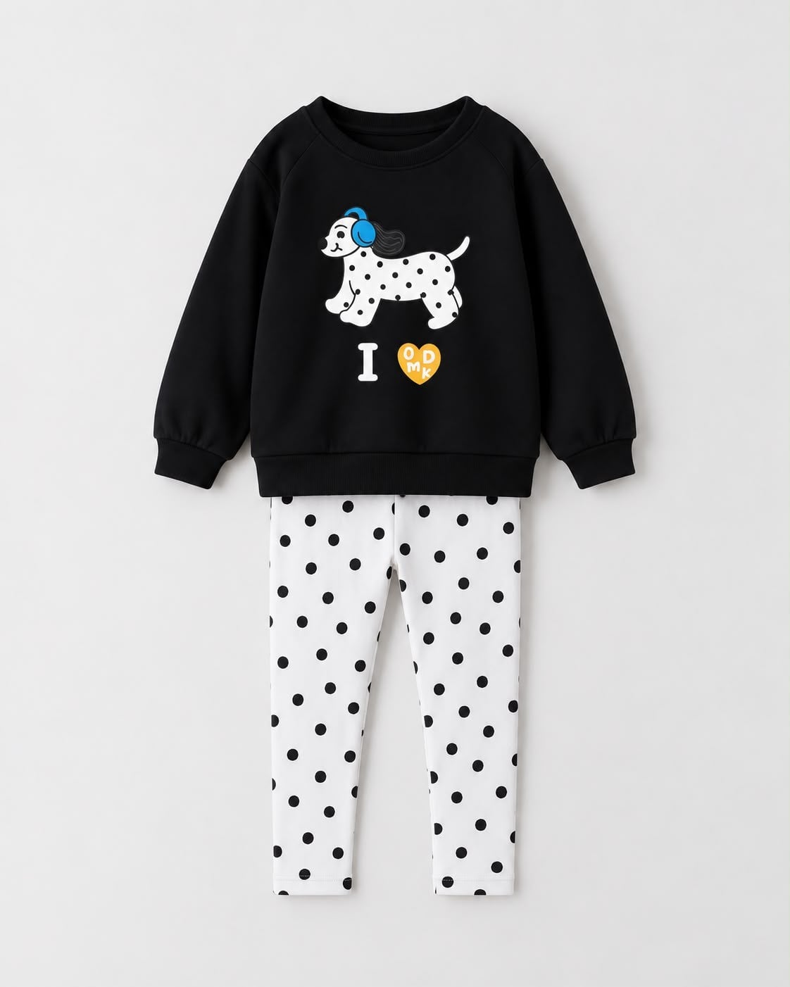 Kız Çocuk Köpek Baskılı Sweatshirt Puantiyeli Taytlı Alt Üst Takım